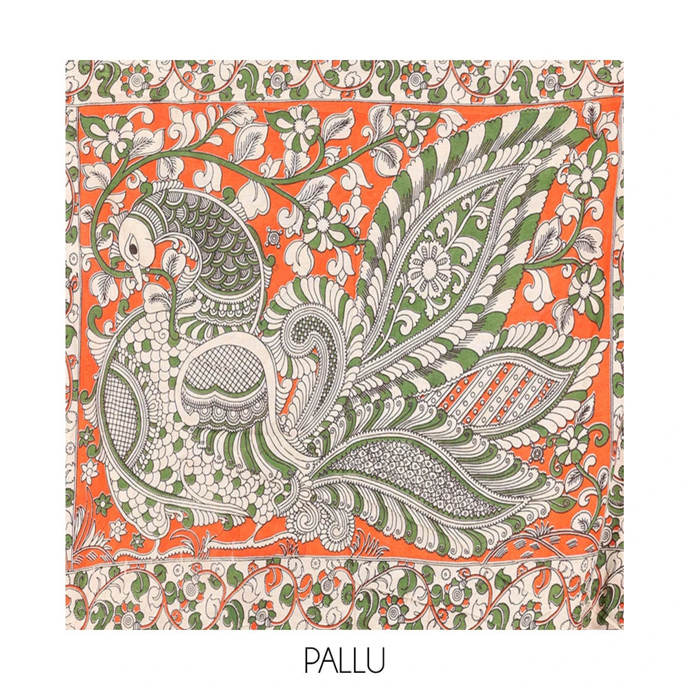 Pothys Multi-Color Kalamkari Cotton Saree, Graced Floral Vine Print, Contrast Printed Border, Kalamkari Peacock Motifs Pallu, and a Matching Blouse