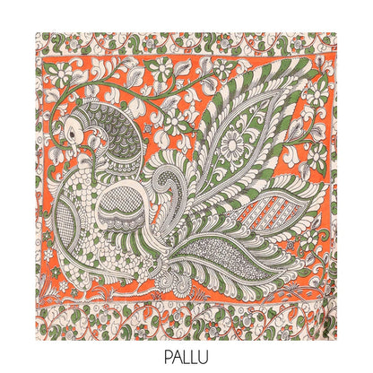 Pothys Multi-Color Kalamkari Cotton Saree, Graced Floral Vine Print, Contrast Printed Border, Kalamkari Peacock Motifs Pallu, and a Matching Blouse