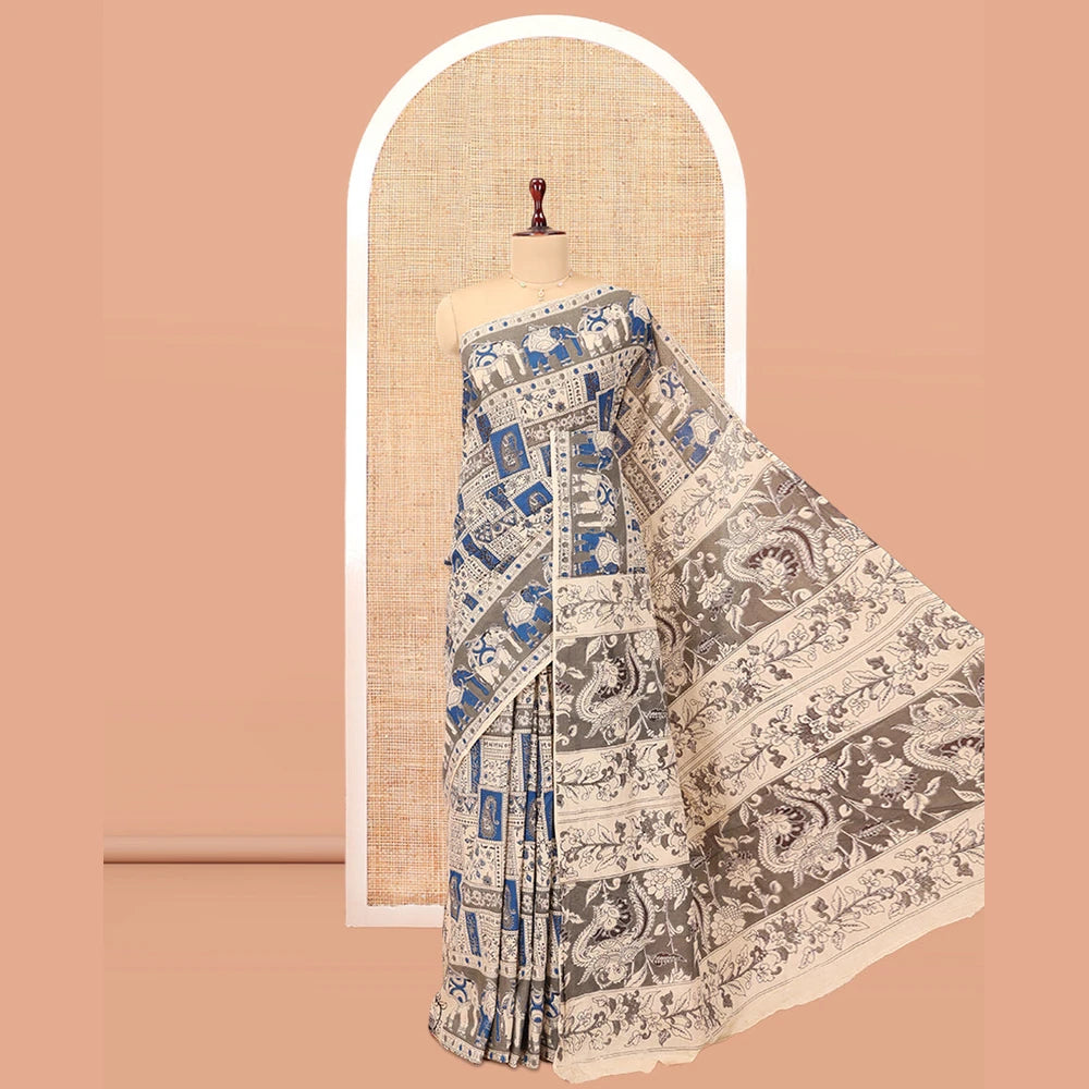 Pothys Blue-Grey Kalamkari Cotton Saree, Accentuated with Intricate Print, Complemented By Printed Border, Kalamkari Peacock Motifs Pallu, and a Matching Blouse