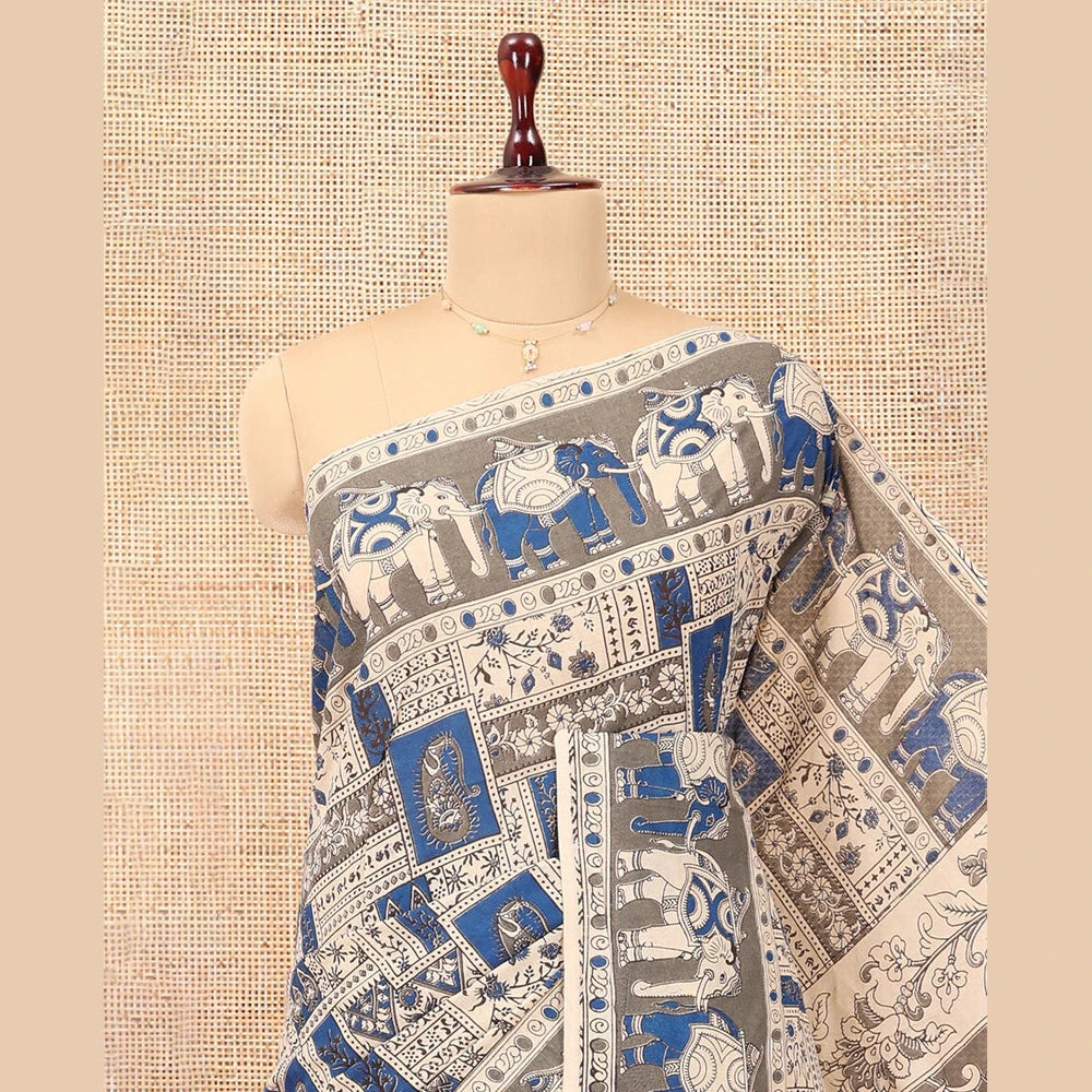 Pothys Blue-Grey Kalamkari Cotton Saree, Accentuated with Intricate Print, Complemented By Printed Border, Kalamkari Peacock Motifs Pallu, and a Matching Blouse