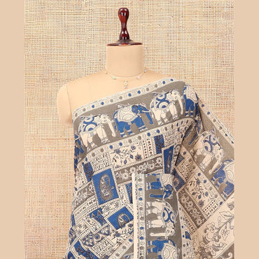 Pothys Blue-Grey Kalamkari Cotton Saree, Accentuated with Intricate Print, Complemented By Printed Border, Kalamkari Peacock Motifs Pallu, and a Matching Blouse