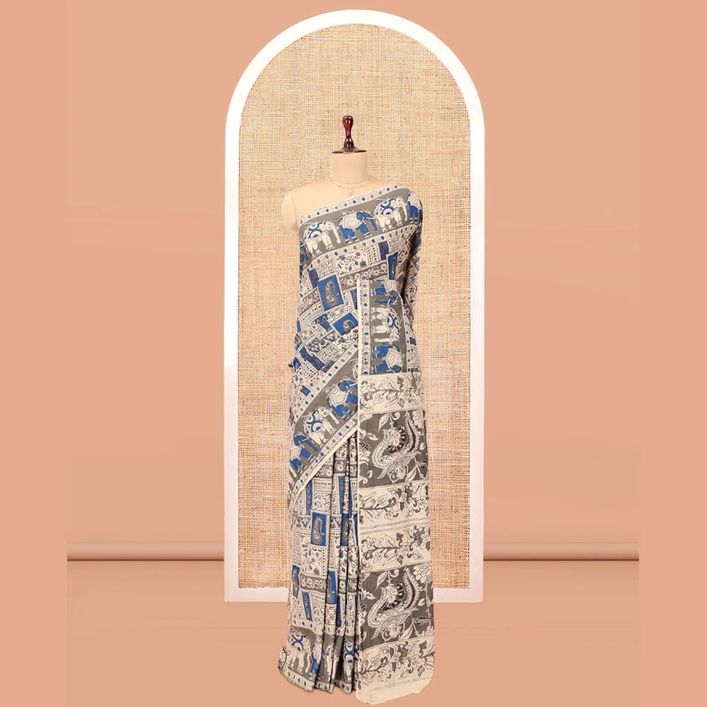 Pothys Blue-Grey Kalamkari Cotton Saree, Accentuated with Intricate Print, Complemented By Printed Border, Kalamkari Peacock Motifs Pallu, and a Matching Blouse