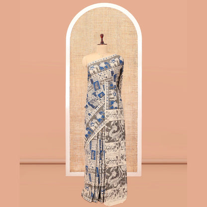 Pothys Blue-Grey Kalamkari Cotton Saree, Accentuated with Intricate Print, Complemented By Printed Border, Kalamkari Peacock Motifs Pallu, and a Matching Blouse