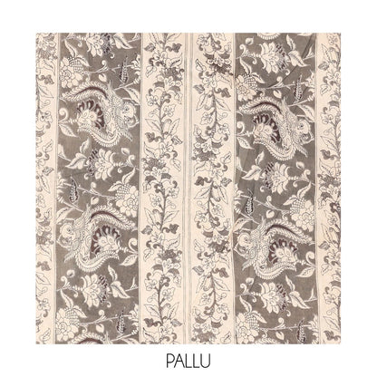 Pothys Blue-Grey Kalamkari Cotton Saree, Accentuated with Intricate Print, Complemented By Printed Border, Kalamkari Peacock Motifs Pallu, and a Matching Blouse
