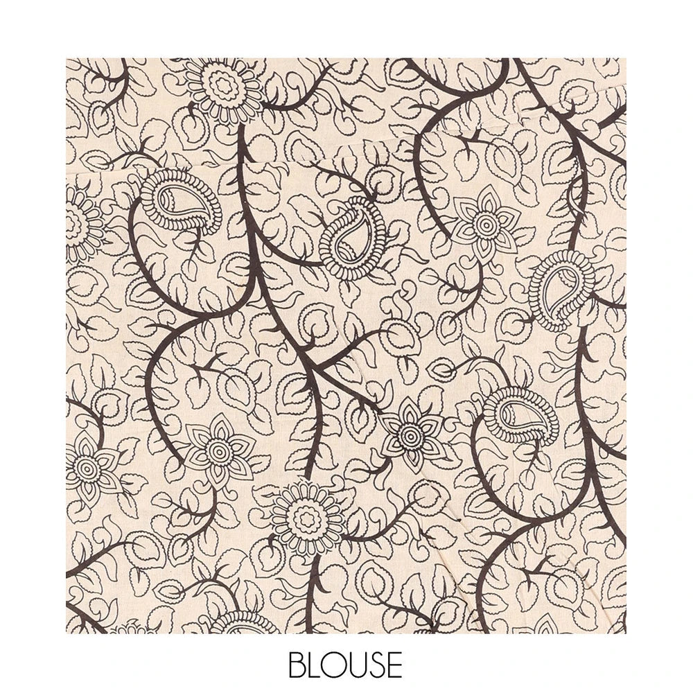 Pothys Blue-Grey Kalamkari Cotton Saree, Accentuated with Intricate Print, Complemented By Printed Border, Kalamkari Peacock Motifs Pallu, and a Matching Blouse