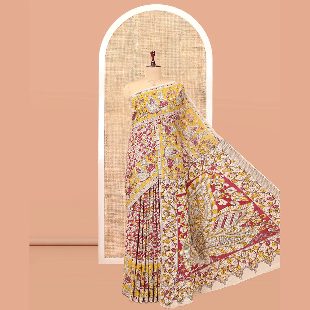 Pothys Red Kalamkari Cotton Saree, Adorned with Floral Vine Print, Contrast Printed Border, Kalamkari Peacock Motifs Pallu, and a Contrast Blouse