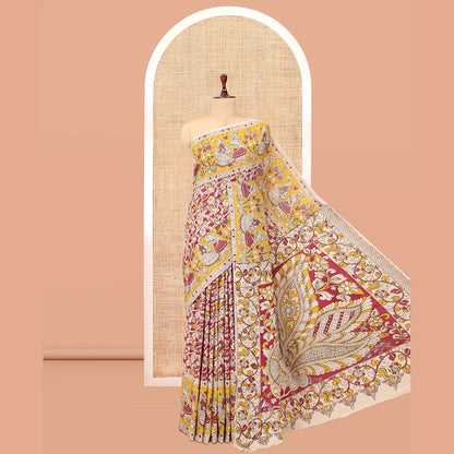 Pothys Red Kalamkari Cotton Saree, Adorned with Floral Vine Print, Contrast Printed Border, Kalamkari Peacock Motifs Pallu, and a Contrast Blouse