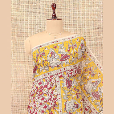 Pothys Red Kalamkari Cotton Saree, Adorned with Floral Vine Print, Contrast Printed Border, Kalamkari Peacock Motifs Pallu, and a Contrast Blouse