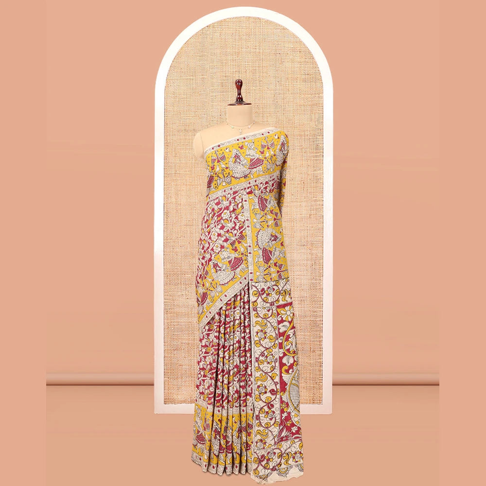 Pothys Red Kalamkari Cotton Saree, Adorned with Floral Vine Print, Contrast Printed Border, Kalamkari Peacock Motifs Pallu, and a Contrast Blouse