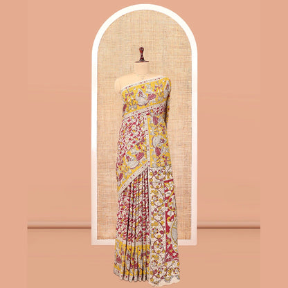 Pothys Red Kalamkari Cotton Saree, Adorned with Floral Vine Print, Contrast Printed Border, Kalamkari Peacock Motifs Pallu, and a Contrast Blouse