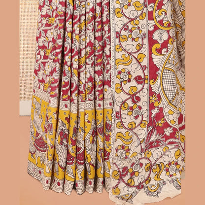 Pothys Red Kalamkari Cotton Saree, Adorned with Floral Vine Print, Contrast Printed Border, Kalamkari Peacock Motifs Pallu, and a Contrast Blouse