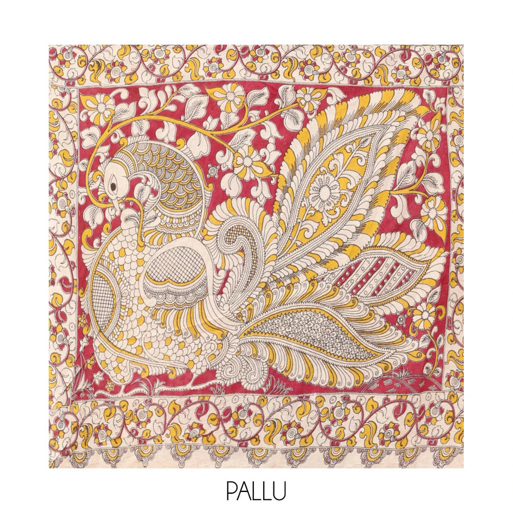 Pothys Red Kalamkari Cotton Saree, Adorned with Floral Vine Print, Contrast Printed Border, Kalamkari Peacock Motifs Pallu, and a Contrast Blouse