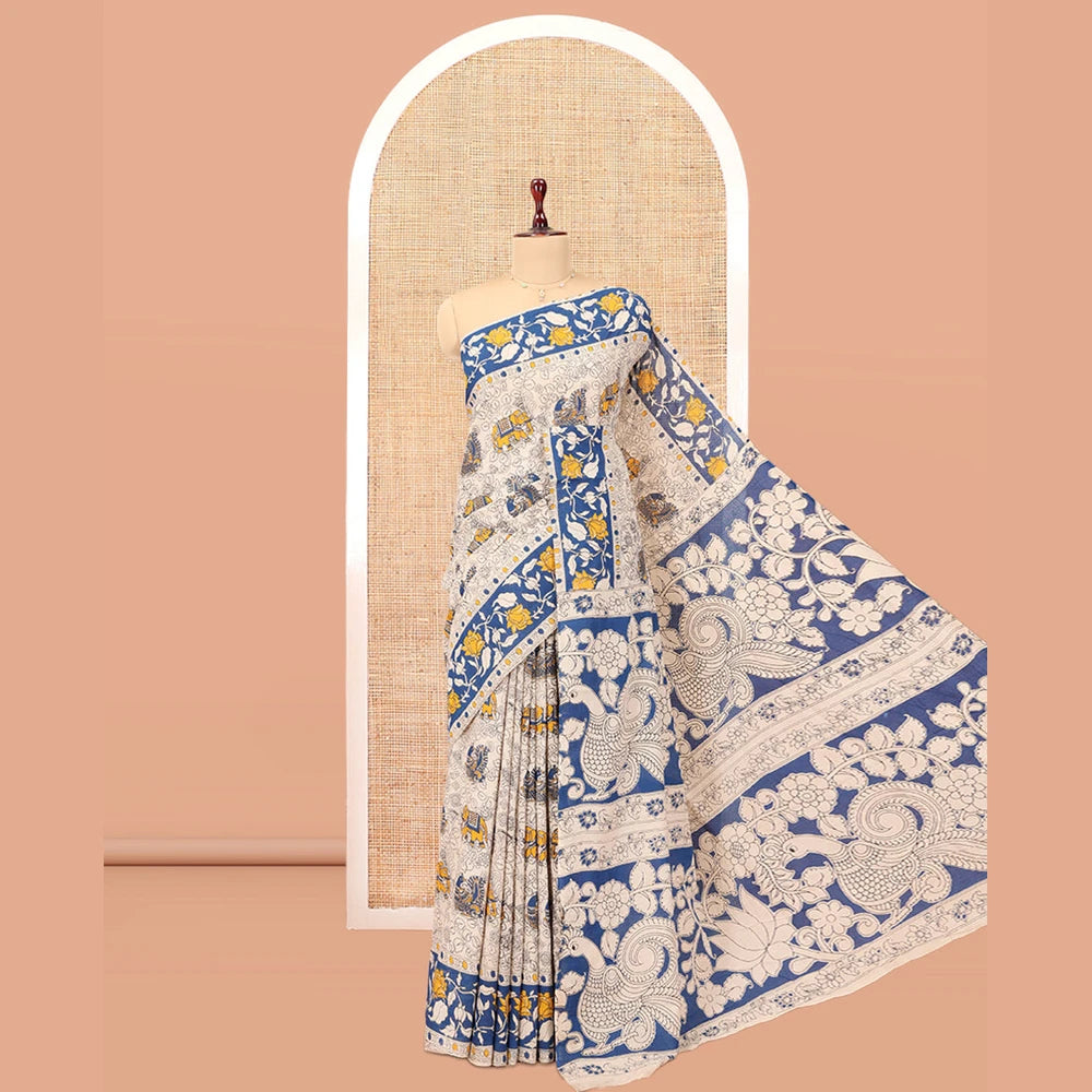 Pothys Blue-Grey Kalamkari Cotton Saree, Embellished with Intricate Print, Complemented By Printed Border, Kalamkari Peacock Pallu, and a Matching Blouse