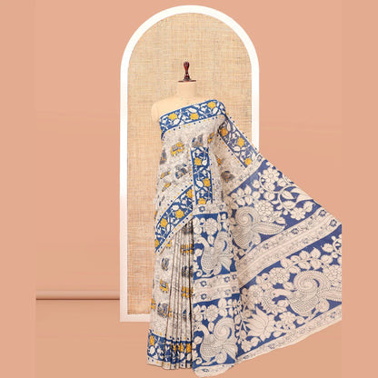 Pothys Blue-Grey Kalamkari Cotton Saree, Embellished with Intricate Print, Complemented By Printed Border, Kalamkari Peacock Pallu, and a Matching Blouse