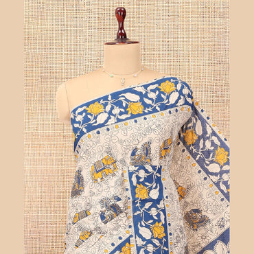 Pothys Blue-Grey Kalamkari Cotton Saree, Embellished with Intricate Print, Complemented By Printed Border, Kalamkari Peacock Pallu, and a Matching Blouse