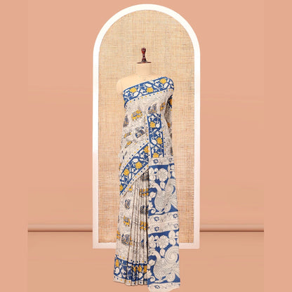 Pothys Blue-Grey Kalamkari Cotton Saree, Embellished with Intricate Print, Complemented By Printed Border, Kalamkari Peacock Pallu, and a Matching Blouse
