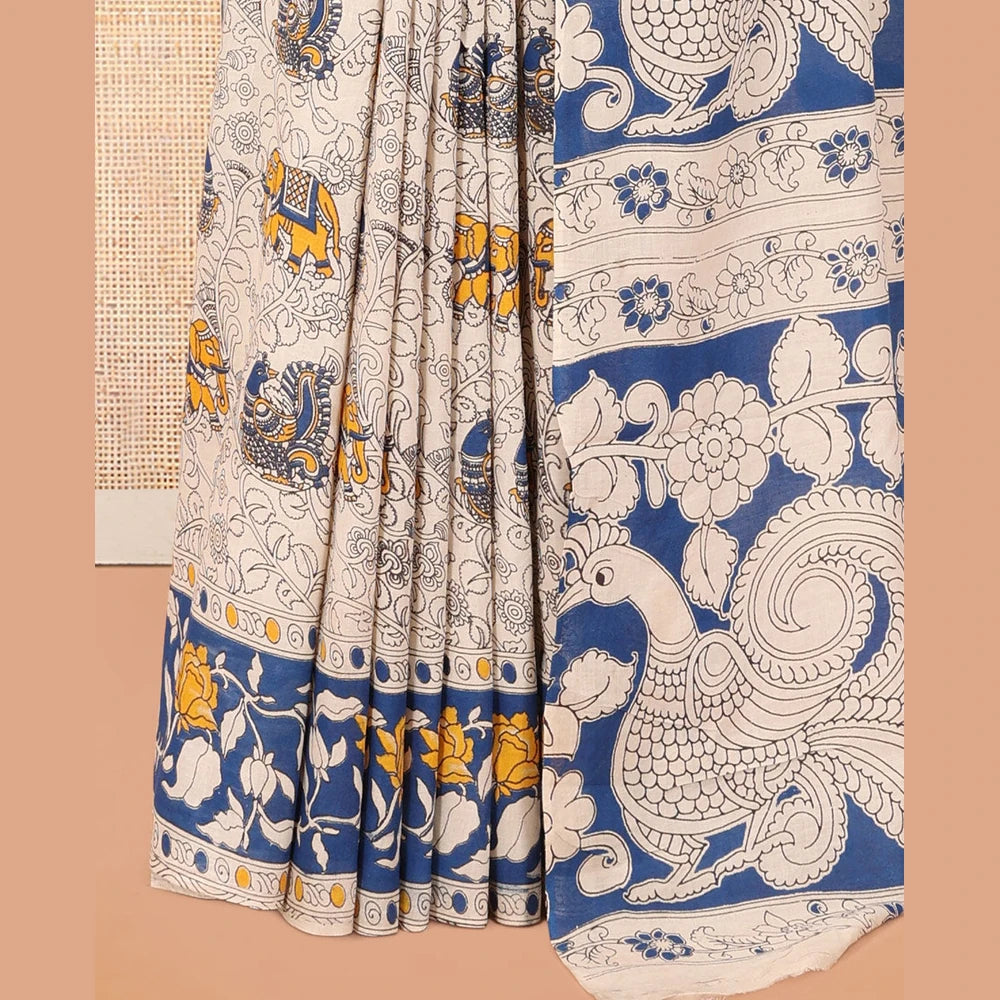 Pothys Blue-Grey Kalamkari Cotton Saree, Embellished with Intricate Print, Complemented By Printed Border, Kalamkari Peacock Pallu, and a Matching Blouse