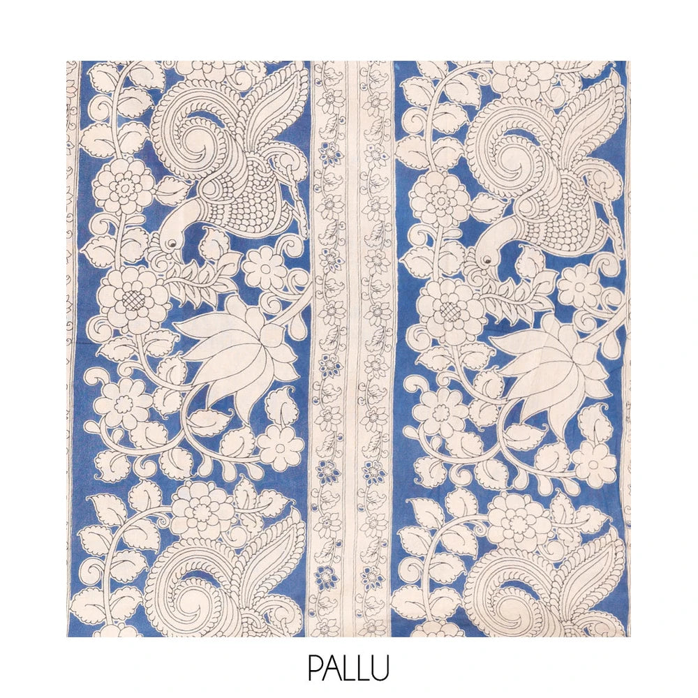 Pothys Blue-Grey Kalamkari Cotton Saree, Embellished with Intricate Print, Complemented By Printed Border, Kalamkari Peacock Pallu, and a Matching Blouse