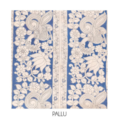 Pothys Blue-Grey Kalamkari Cotton Saree, Embellished with Intricate Print, Complemented By Printed Border, Kalamkari Peacock Pallu, and a Matching Blouse