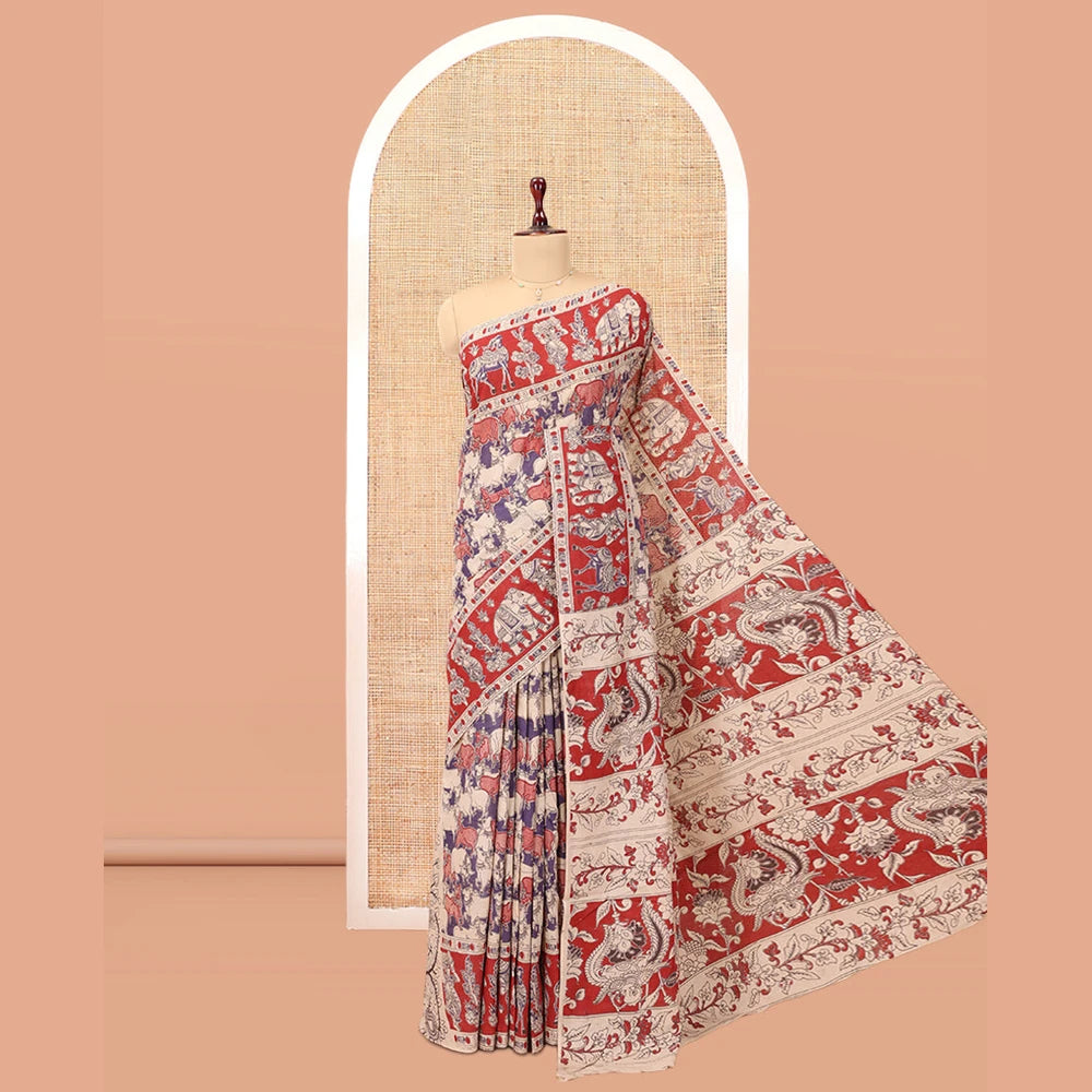Pothys Red Kalamkari Cotton Saree, Ornamented with Pichwai Cow Print, Contrast Printed Border, Kalamkari Human Motifs Pallu, and a Matching Blouse