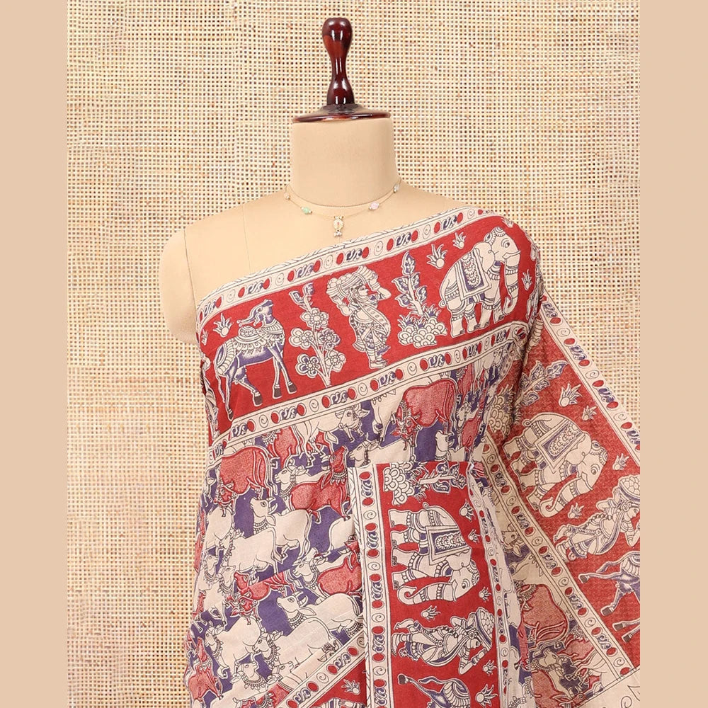 Pothys Red Kalamkari Cotton Saree, Ornamented with Pichwai Cow Print, Contrast Printed Border, Kalamkari Human Motifs Pallu, and a Matching Blouse