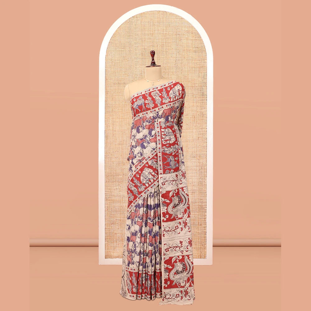Pothys Red Kalamkari Cotton Saree, Ornamented with Pichwai Cow Print, Contrast Printed Border, Kalamkari Human Motifs Pallu, and a Matching Blouse