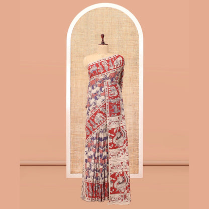 Pothys Red Kalamkari Cotton Saree, Ornamented with Pichwai Cow Print, Contrast Printed Border, Kalamkari Human Motifs Pallu, and a Matching Blouse