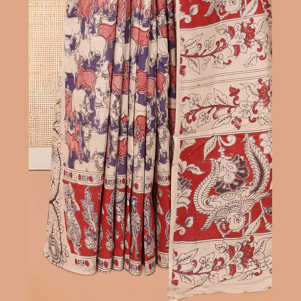 Pothys Red Kalamkari Cotton Saree, Ornamented with Pichwai Cow Print, Contrast Printed Border, Kalamkari Human Motifs Pallu, and a Matching Blouse