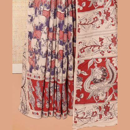Pothys Red Kalamkari Cotton Saree, Ornamented with Pichwai Cow Print, Contrast Printed Border, Kalamkari Human Motifs Pallu, and a Matching Blouse