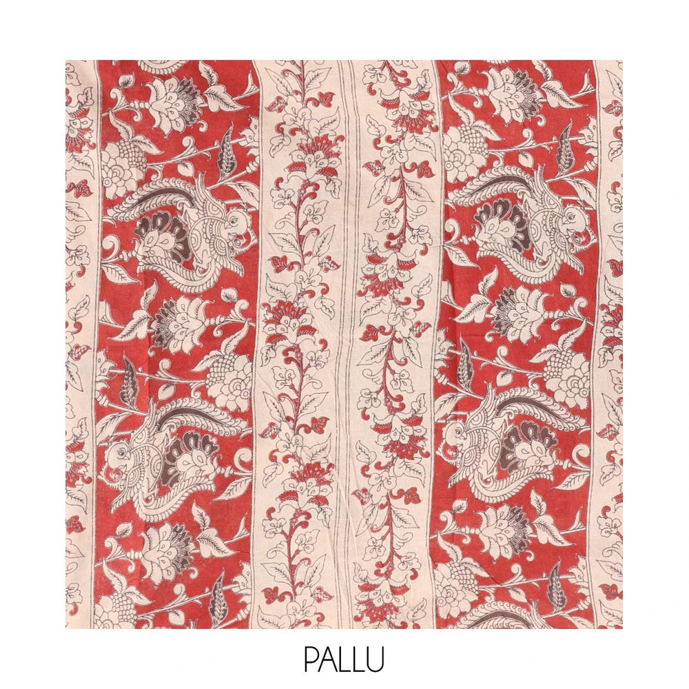 Pothys Red Kalamkari Cotton Saree, Ornamented with Pichwai Cow Print, Contrast Printed Border, Kalamkari Human Motifs Pallu, and a Matching Blouse