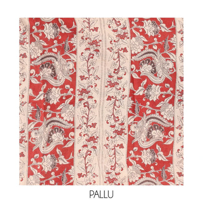 Pothys Red Kalamkari Cotton Saree, Ornamented with Pichwai Cow Print, Contrast Printed Border, Kalamkari Human Motifs Pallu, and a Matching Blouse