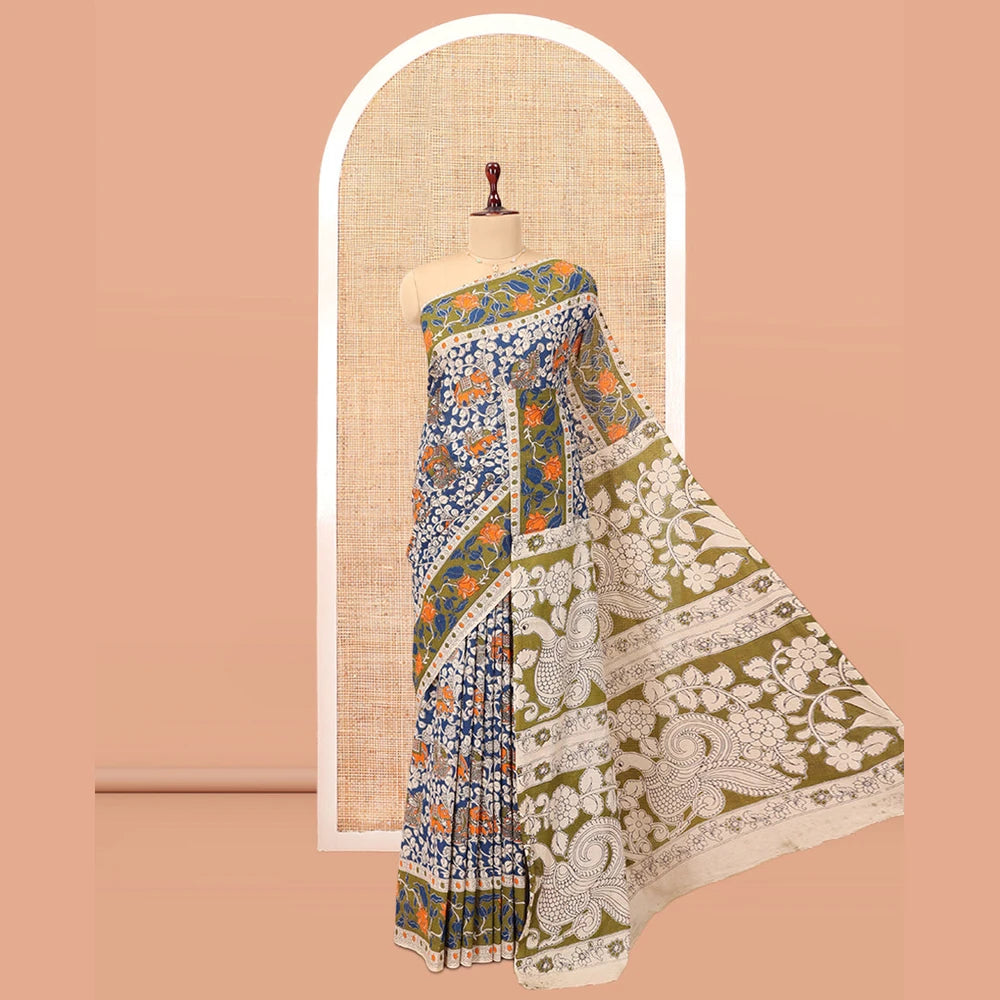 Pothys Blue Kalamkari Cotton Saree, Decked Up with Floral Vine Print, Contrast Printed Border, Pallu of Kalamkari Floral-Peacock Motifs, and a Contrast Blouse