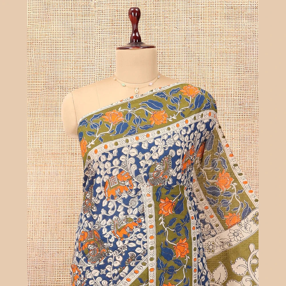 Pothys Blue Kalamkari Cotton Saree, Decked Up with Floral Vine Print, Contrast Printed Border, Pallu of Kalamkari Floral-Peacock Motifs, and a Contrast Blouse