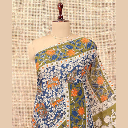 Pothys Blue Kalamkari Cotton Saree, Decked Up with Floral Vine Print, Contrast Printed Border, Pallu of Kalamkari Floral-Peacock Motifs, and a Contrast Blouse