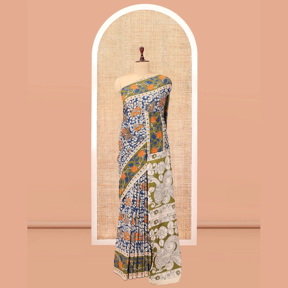 Pothys Blue Kalamkari Cotton Saree, Decked Up with Floral Vine Print, Contrast Printed Border, Pallu of Kalamkari Floral-Peacock Motifs, and a Contrast Blouse