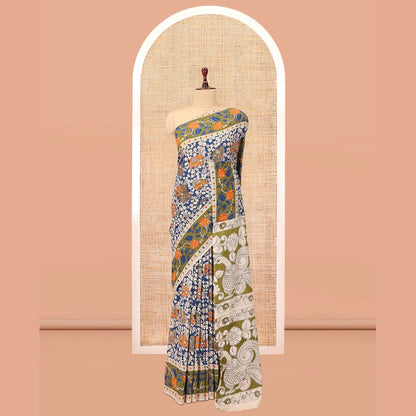 Pothys Blue Kalamkari Cotton Saree, Decked Up with Floral Vine Print, Contrast Printed Border, Pallu of Kalamkari Floral-Peacock Motifs, and a Contrast Blouse
