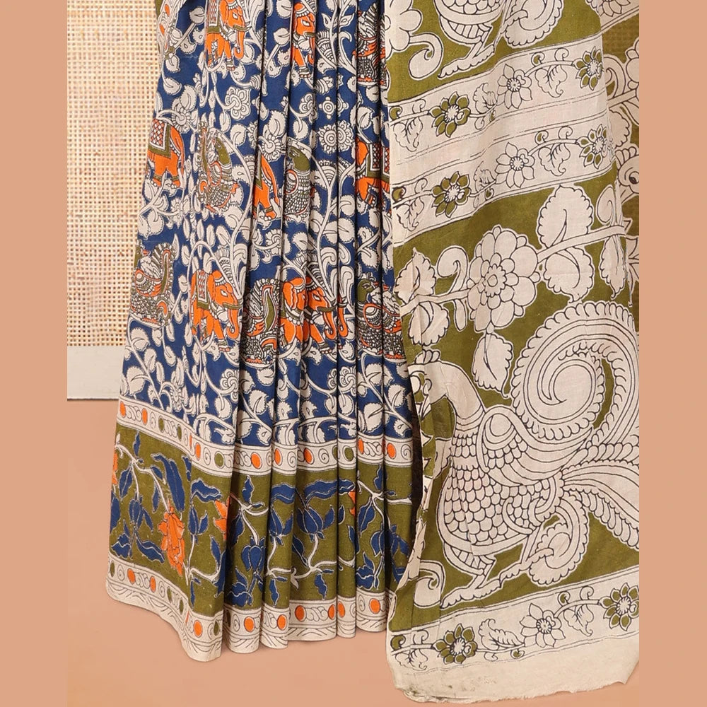 Pothys Blue Kalamkari Cotton Saree, Decked Up with Floral Vine Print, Contrast Printed Border, Pallu of Kalamkari Floral-Peacock Motifs, and a Contrast Blouse