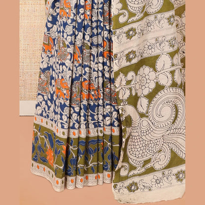 Pothys Blue Kalamkari Cotton Saree, Decked Up with Floral Vine Print, Contrast Printed Border, Pallu of Kalamkari Floral-Peacock Motifs, and a Contrast Blouse