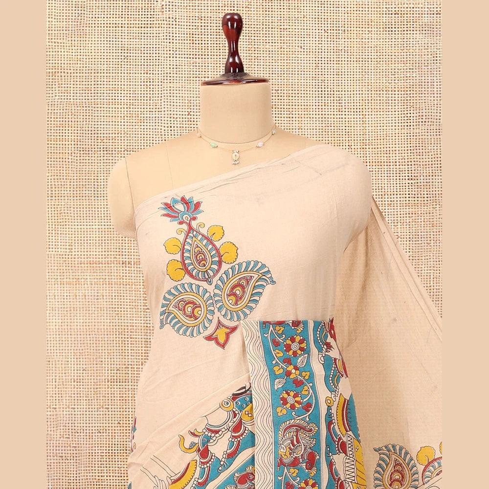 Pothys Sandal Kalamkari Cotton Saree, Accentuated with Ancient Human Motif Print, Contrast Printed Border, Kalamkari Animal Motifs Pallu, and a Contrast Blouse