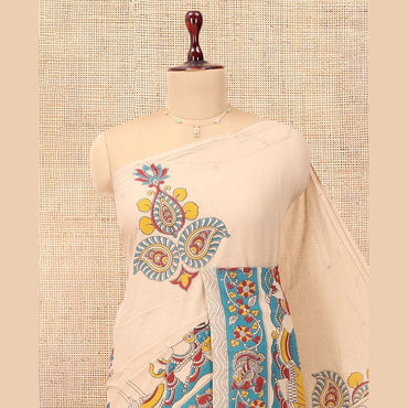 Pothys Sandal Kalamkari Cotton Saree, Accentuated with Ancient Human Motif Print, Contrast Printed Border, Kalamkari Animal Motifs Pallu, and a Contrast Blouse