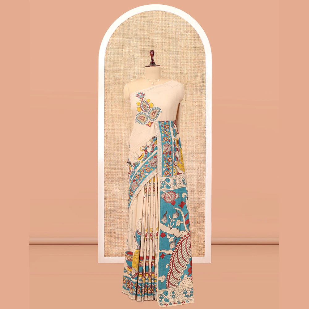 Pothys Sandal Kalamkari Cotton Saree, Accentuated with Ancient Human Motif Print, Contrast Printed Border, Kalamkari Animal Motifs Pallu, and a Contrast Blouse