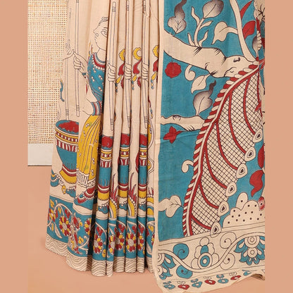 Pothys Sandal Kalamkari Cotton Saree, Accentuated with Ancient Human Motif Print, Contrast Printed Border, Kalamkari Animal Motifs Pallu, and a Contrast Blouse