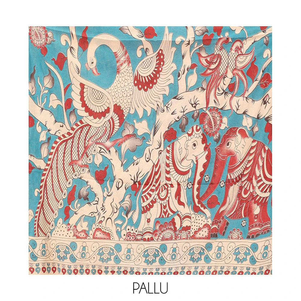 Pothys Sandal Kalamkari Cotton Saree, Accentuated with Ancient Human Motif Print, Contrast Printed Border, Kalamkari Animal Motifs Pallu, and a Contrast Blouse