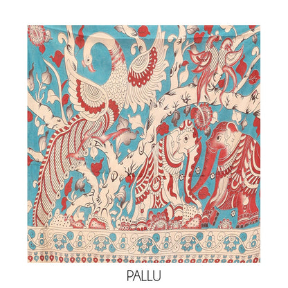 Pothys Sandal Kalamkari Cotton Saree, Accentuated with Ancient Human Motif Print, Contrast Printed Border, Kalamkari Animal Motifs Pallu, and a Contrast Blouse