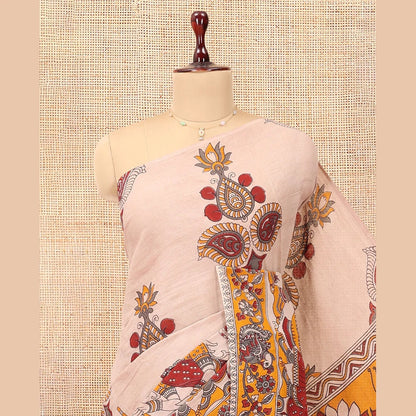 Pothys Sandal Kalamkari Cotton Saree, Decorated with Ancient Huma Motif Print, Contrast Printed Border, Kalamkari Peacock Motifs Pallu, and a Contrast Blouse