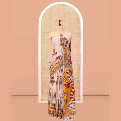 Pothys Sandal Kalamkari Cotton Saree, Decorated with Ancient Huma Motif Print, Contrast Printed Border, Kalamkari Peacock Motifs Pallu, and a Contrast Blouse