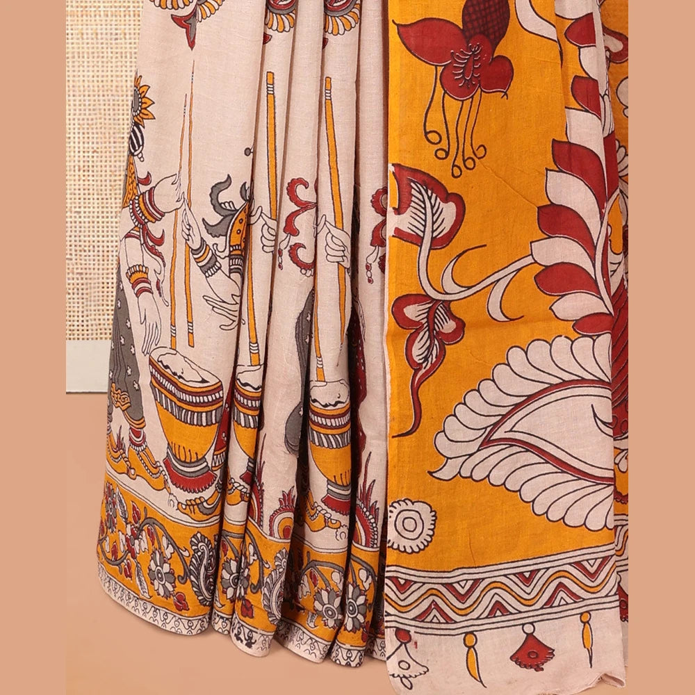 Pothys Sandal Kalamkari Cotton Saree, Decorated with Ancient Huma Motif Print, Contrast Printed Border, Kalamkari Peacock Motifs Pallu, and a Contrast Blouse