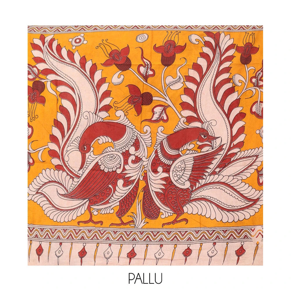 Pothys Sandal Kalamkari Cotton Saree, Decorated with Ancient Huma Motif Print, Contrast Printed Border, Kalamkari Peacock Motifs Pallu, and a Contrast Blouse