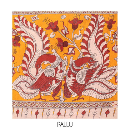 Pothys Sandal Kalamkari Cotton Saree, Decorated with Ancient Huma Motif Print, Contrast Printed Border, Kalamkari Peacock Motifs Pallu, and a Contrast Blouse