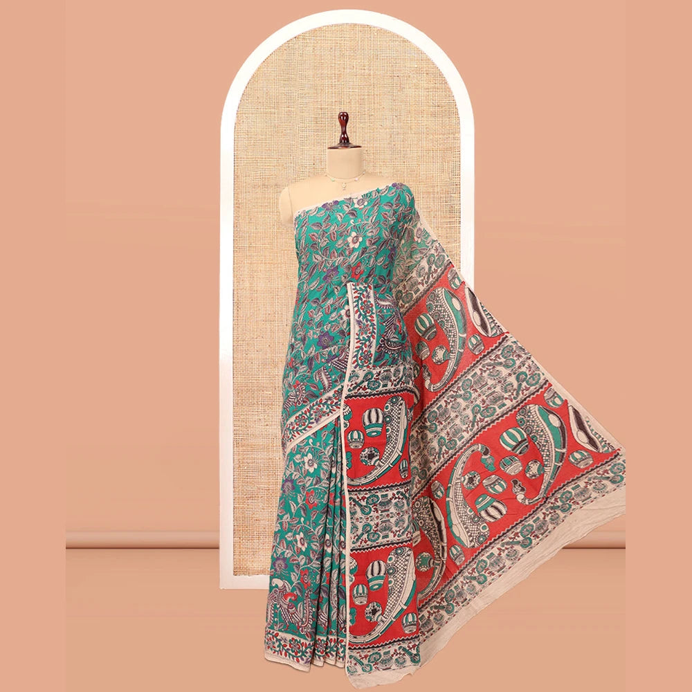 Pothys Blue Kalamkari Cotton Saree, Adorned with Floral Vine Print, Contrast Printed Border, Kalamkari Musical Instrument Motifs Pallu, and a Contrast Blouse
